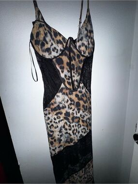 Fashion Nova Leopard Print Maxi Slip Dress with Black Lace